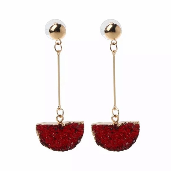 Jewelry - Wine Red Faux Druzy Gold Dangle Earrings